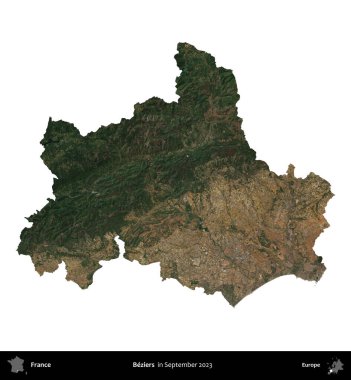 Beziers. Fransa 'nın idari bölgesi, Eylül 2023' te çekilen Kopernik Nöbetçi karolarından oluşan bir uydu görüntüsü üzerinde beyaza izole edildi.