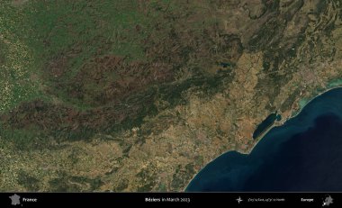 Beziers. Copernicus Sentinel 'in Mart 2023' te çekilmiş uydu görüntüsü üzerine Fransa 'nın idari bölgesi.