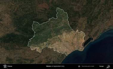 Beziers. Fransa 'nın idari alanı, Eylül 2023' te çekilen Kopernik Nöbetçi karolarından oluşan koyu renkli bir uydu görüntüsü üzerinde vurgulandı ve özetlendi.