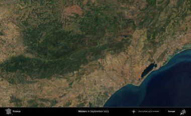 Beziers. Copernicus Sentinel 'in Eylül 2023' te çekilmiş uydu görüntüsü üzerine Fransa 'nın idari bölgesi.