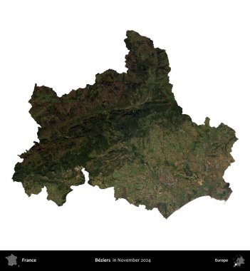 Beziers. Fransa 'nın idari bölgesi, Kasım 2024' te çekilen Kopernik Nöbetçi karolarından oluşan uydu görüntüsüyle beyaza izole edildi.