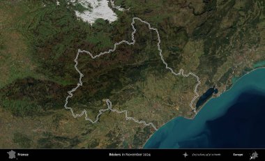 Beziers. Copernicus Sentinel 'in Kasım 2024' te çekilen uydu görüntüsünde Fransa 'nın idari bölgesinin ana hatlarını çizdim.