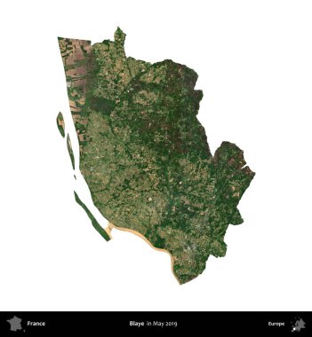 Blaye. Fransa 'nın idari bölgesi, Mayıs 2019' da çekilen Kopernik Nöbetçi karolarından oluşan bir uydu görüntüsüyle beyaza izole edildi.