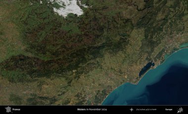 Beziers. Copernicus Sentinel 'in Kasım 2024' te çekilmiş uydu görüntüsü üzerine Fransa 'nın idari bölgesi.
