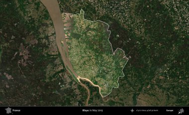 Blaye. Fransa 'nın idari alanı, Mayıs 2019' da çekilen Kopernik Nöbetçi karolarından oluşan koyu renkli bir uydu görüntüsü üzerinde vurgulandı ve özetlendi.
