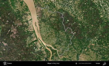Blaye. Mayıs 2019 'da çekilen Copernicus Sentinel karolarından oluşan bir uydu görüntüsünde Fransa' nın idari bölgesinin ana hatları belirlendi.