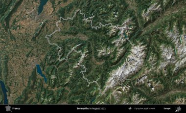 Bonneville 'de. Copernicus Sentinel 'in Ağustos 2023' te çekilen uydu görüntüsünde Fransa 'nın idari bölgesinin ana hatları belirlendi.