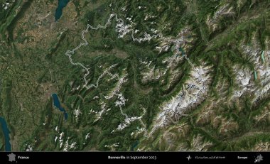 Bonneville 'de. Eylül 2023 'te çekilen Copernicus Sentinel karolarından oluşan bir uydu görüntüsünde Fransa' nın idari bölgesinin ana hatlarını çizdim.