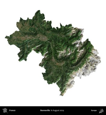 Bonneville 'de. Fransa 'nın idari bölgesi, Ağustos 2024' te çekilen Kopernik Nöbetçi karolarından oluşan bir uydu görüntüsüyle beyaza izole edildi.