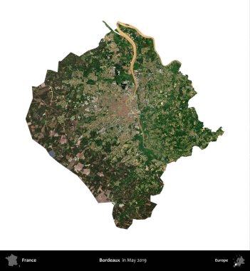 Bordo şarabı. Fransa 'nın idari bölgesi, Mayıs 2019' da çekilen Kopernik Nöbetçi karolarından oluşan bir uydu görüntüsüyle beyaza izole edildi.