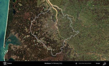 Bordo şarabı. Copernicus Sentinel 'in Şubat 2023' te çekilen uydu görüntüsünde Fransa 'nın idari bölgesinin ana hatları belirlendi.