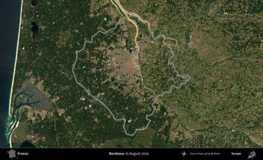 Bordo şarabı. Copernicus Sentinel 'in Ağustos 2024' te çekilen uydu görüntüsünde Fransa 'nın idari bölgesinin ana hatları belirlendi.