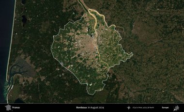 Bordo şarabı. Fransa 'nın idari alanı, Ağustos 2024' te çekilen Kopernik Sentinel karolarından oluşan koyu renkli bir uydu görüntüsü üzerinde vurgulandı ve özetlendi.