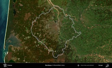 Bordo şarabı. Copernicus Sentinel 'in Kasım 2024' te çekilen uydu görüntüsünde Fransa 'nın idari bölgesinin ana hatlarını çizdim.