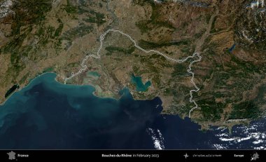 Bouches-du-Rhone. Copernicus Sentinel 'in Şubat 2023' te çekilen uydu görüntüsünde Fransa 'nın idari bölgesinin ana hatları belirlendi.
