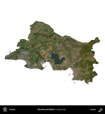 Bouches-du-Rhone. Fransa 'nın idari bölgesi, Temmuz 2024' te çekilen Kopernik Nöbetçi karolarından oluşan bir uydu görüntüsü ile beyaza izole edildi.
