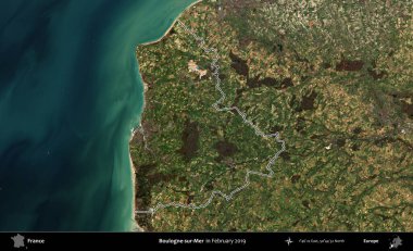 Boulogne-sur-Mer. Copernicus Sentinel 'in Şubat 2019' da çekilen uydu görüntüsünde Fransa 'nın idari bölgesinin ana hatları belirlendi.