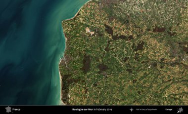 Boulogne-sur-Mer. Copernicus Sentinel 'in Şubat 2019' da çekilmiş uydu görüntüsü üzerine Fransa 'nın idari bölgesi