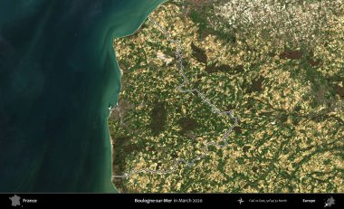 Boulogne-sur-Mer. Mart 2020 'de çekilen Copernicus Sentinel karolarından oluşan bir uydu görüntüsünde Fransa' nın idari bölgesinin ana hatları belirlendi.