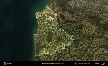 Boulogne-sur-Mer. Fransa 'nın idari alanı, Mart 2020' de çekilen Kopernik Nöbetçi karolarından oluşan koyu renkli bir uydu görüntüsü üzerinde vurgulandı ve özetlendi.