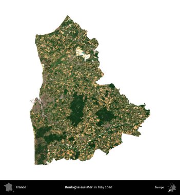 Boulogne-sur-Mer. Fransa 'nın idari bölgesi, Mayıs 2020' de çekilen Kopernik Nöbetçi karolarından oluşan bir uydu görüntüsüyle beyaza izole edildi.