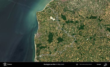 Boulogne-sur-Mer. Mayıs 2020 'de çekilen Copernicus Sentinel karolarından oluşan bir uydu görüntüsünde Fransa' nın idari bölgesinin ana hatları belirlendi.
