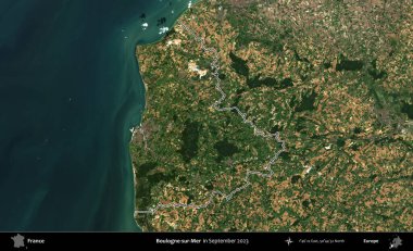Boulogne-sur-Mer. Eylül 2023 'te çekilen Copernicus Sentinel karolarından oluşan bir uydu görüntüsünde Fransa' nın idari bölgesinin ana hatlarını çizdim.