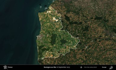 Boulogne-sur-Mer. Fransa 'nın idari alanı, Eylül 2023' te çekilen Kopernik Nöbetçi karolarından oluşan koyu renkli bir uydu görüntüsü üzerinde vurgulandı ve özetlendi.