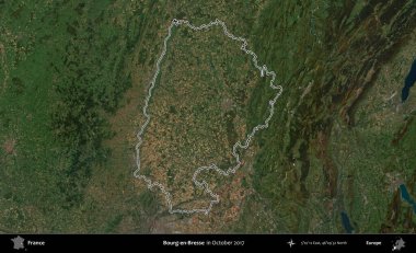 Bourg-en-Bresse. Ekim 2017 'de çekilen Kopernik Sentinel karolarından oluşan bir uydu görüntüsünde Fransa' nın idari bölgesinin ana hatları belirlendi.