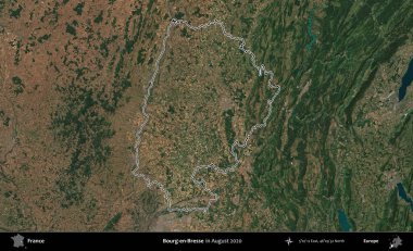 Bourg-en-Bresse. Copernicus Sentinel 'in Ağustos 2020' de çekilen uydu görüntüsünde Fransa 'nın idari bölgesinin ana hatları belirlendi.