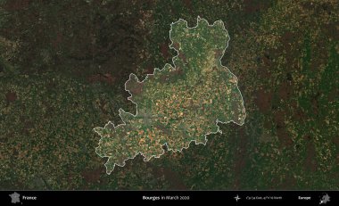 Bourges. Fransa 'nın idari alanı, Mart 2020' de çekilen Kopernik Nöbetçi karolarından oluşan koyu renkli bir uydu görüntüsü üzerinde vurgulandı ve özetlendi.