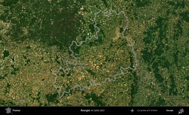 Bourges. Copernicus Sentinel 'in Haziran 2021' de çekilen uydu görüntüsünde Fransa 'nın idari bölgesinin ana hatları belirlendi.
