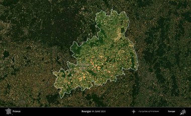Bourges. Fransa 'nın idari alanı, Haziran 2021' de çekilen Kopernik Sentinel karolarından oluşan koyu renkli bir uydu görüntüsü üzerinde vurgulandı ve özetlendi.
