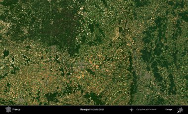 Bourges. Copernicus Sentinel 'in Haziran 2021' de çekilmiş uydu görüntüsü üzerine Fransa 'nın idari bölgesi.