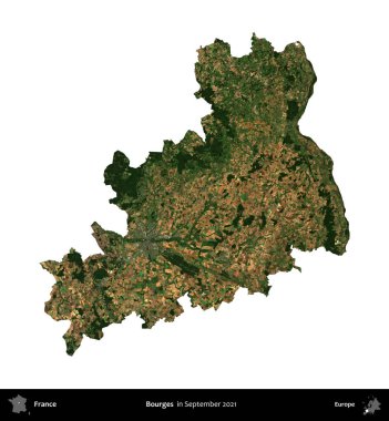 Bourges. Fransa 'nın idari bölgesi, Eylül 2021' de çekilen Kopernik Nöbetçi karolarından oluşan bir uydu görüntüsü üzerinde beyaza izole edildi.