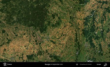 Bourges. Copernicus Sentinel 'in Eylül 2021' de çekilmiş uydu görüntüsü üzerine Fransa 'nın idari bölgesi.
