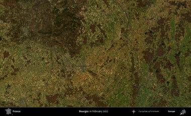 Bourges. Copernicus Sentinel 'in Şubat 2022' de çekilmiş uydu görüntüsü üzerine Fransa 'nın idari bölgesi.
