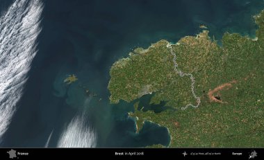 Brest. Copernicus Sentinel 'in Nisan 2018' de çekilen uydu görüntüsünde Fransa 'nın idari bölgesinin ana hatları belirlendi.