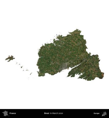 Brest. Fransa 'nın idari bölgesi, Mart 2020' de çekilen Kopernik Nöbetçi karolarından oluşan bir uydu görüntüsüyle beyaza izole edildi.