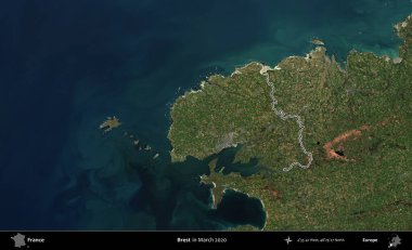 Brest. Mart 2020 'de çekilen Copernicus Sentinel karolarından oluşan bir uydu görüntüsünde Fransa' nın idari bölgesinin ana hatları belirlendi.