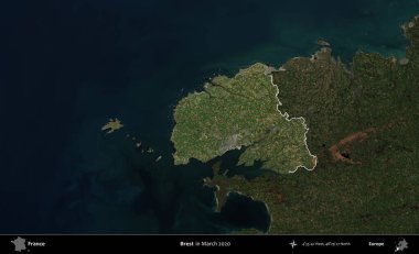 Brest. Fransa 'nın idari alanı, Mart 2020' de çekilen Kopernik Nöbetçi karolarından oluşan koyu renkli bir uydu görüntüsü üzerinde vurgulandı ve özetlendi.