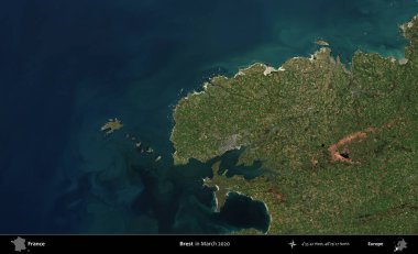 Brest. Copernicus Sentinel 'in Mart 2020' de çekilmiş uydu görüntüsü üzerine Fransa 'nın idari bölgesi.