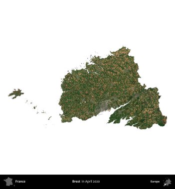 Brest. Fransa 'nın idari bölgesi, Nisan 2020' de çekilen Kopernik Nöbetçi karolarından oluşan bir uydu görüntüsüyle beyaza izole edildi.