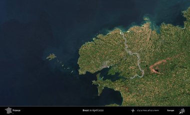 Brest. Nisan 2020 'de çekilen Kopernik Nöbetçi karolarından oluşan bir uydu görüntüsünde Fransa' nın idari bölgesinin ana hatlarını çizdim.