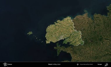 Brest. Fransa 'nın idari alanı, Mayıs 2020' de çekilen Kopernik Nöbetçi karolarından oluşan koyu renkli bir uydu görüntüsü üzerinde vurgulandı ve özetlendi.