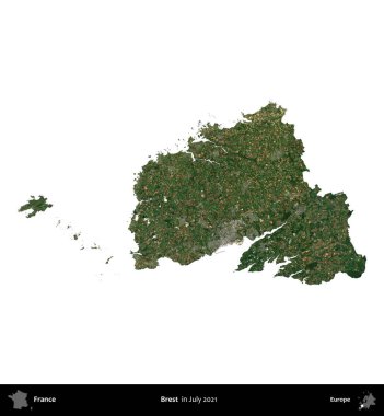 Brest. Fransa 'nın idari bölgesi, Temmuz 2021' de çekilen Kopernik Nöbetçi karolarından oluşan bir uydu görüntüsüyle beyaza izole edildi.