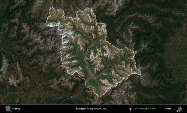 Briancon. Fransa 'nın idari alanı, Eylül 2019' da çekilen Kopernik Nöbetçi karolarından oluşan koyu renkli bir uydu görüntüsü üzerinde vurgulandı ve özetlendi.