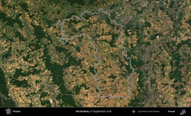 Val-de-Briey. Eylül 2018 'de çekilen Copernicus Sentinel karolarından oluşan bir uydu görüntüsünde Fransa' nın idari bölgesinin ana hatlarını çizdim.