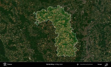 Val-de-Briey. Fransa 'nın idari alanı, Mayıs 2020' de çekilen Kopernik Nöbetçi karolarından oluşan koyu renkli bir uydu görüntüsü üzerinde vurgulandı ve özetlendi.