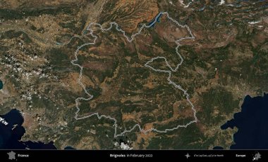 Brignoles. Copernicus Sentinel 'in Şubat 2022' de çekilen uydu görüntüsünde Fransa 'nın idari bölgesinin ana hatları belirlendi.